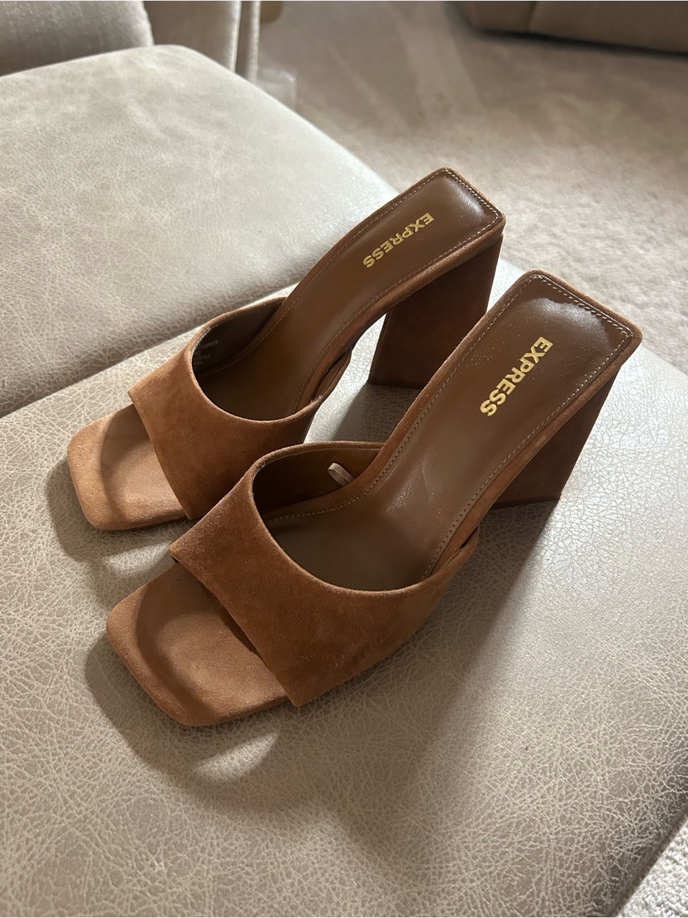 Express Women's Brown Suede Block Heel Slide Sandals